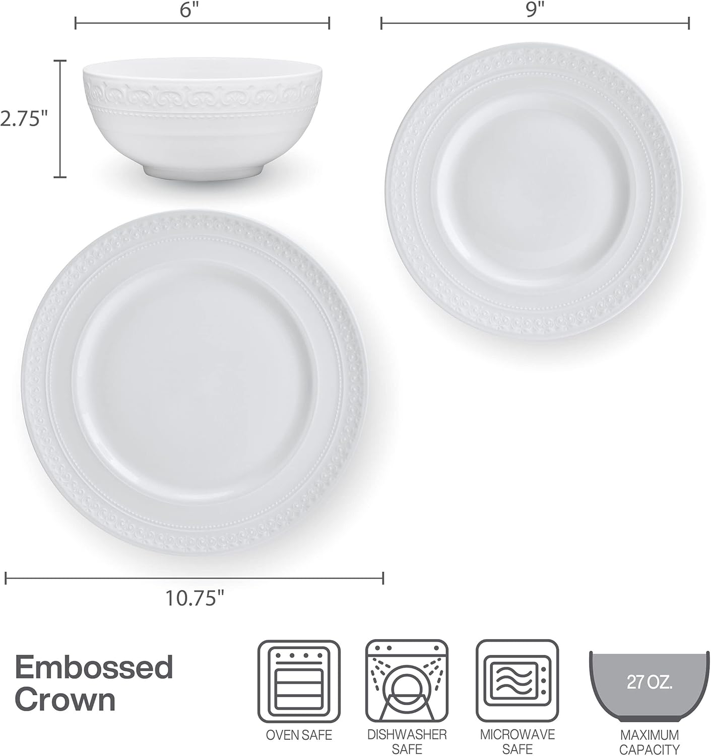 Mikasa Crown White Chip Resistant 18 Piece Dinnerware Set, Service for 6