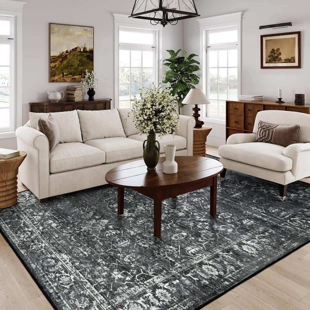 Lahome Margot Area Rugs 9x12 Living Room Soft Large Rugs for Bedroom, Boho Black Dining Room Rug, Distressed Non Slip Low Pile Carpet for Indoor Home Office(9'x12', Black/Grey)
