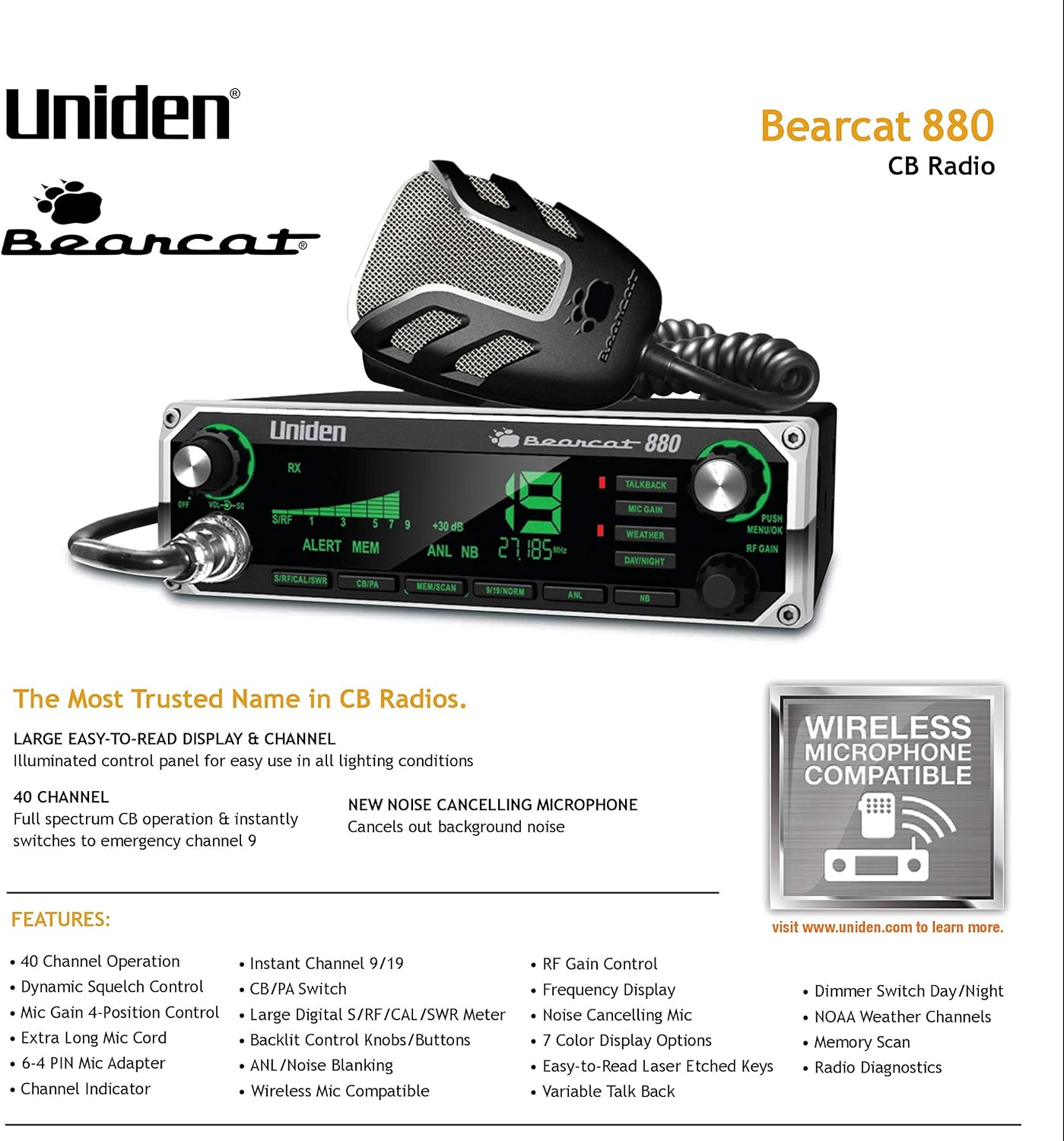 Uniden BEARCAT 880 CB Radio with 40 Channels and Large Easy-to-Read 7-Color LCD Display with Backlighting, Backlit Control Knobs/Buttons, NOAA Weather Alert, PA/CB Switch, and Wireless Mic Compatible