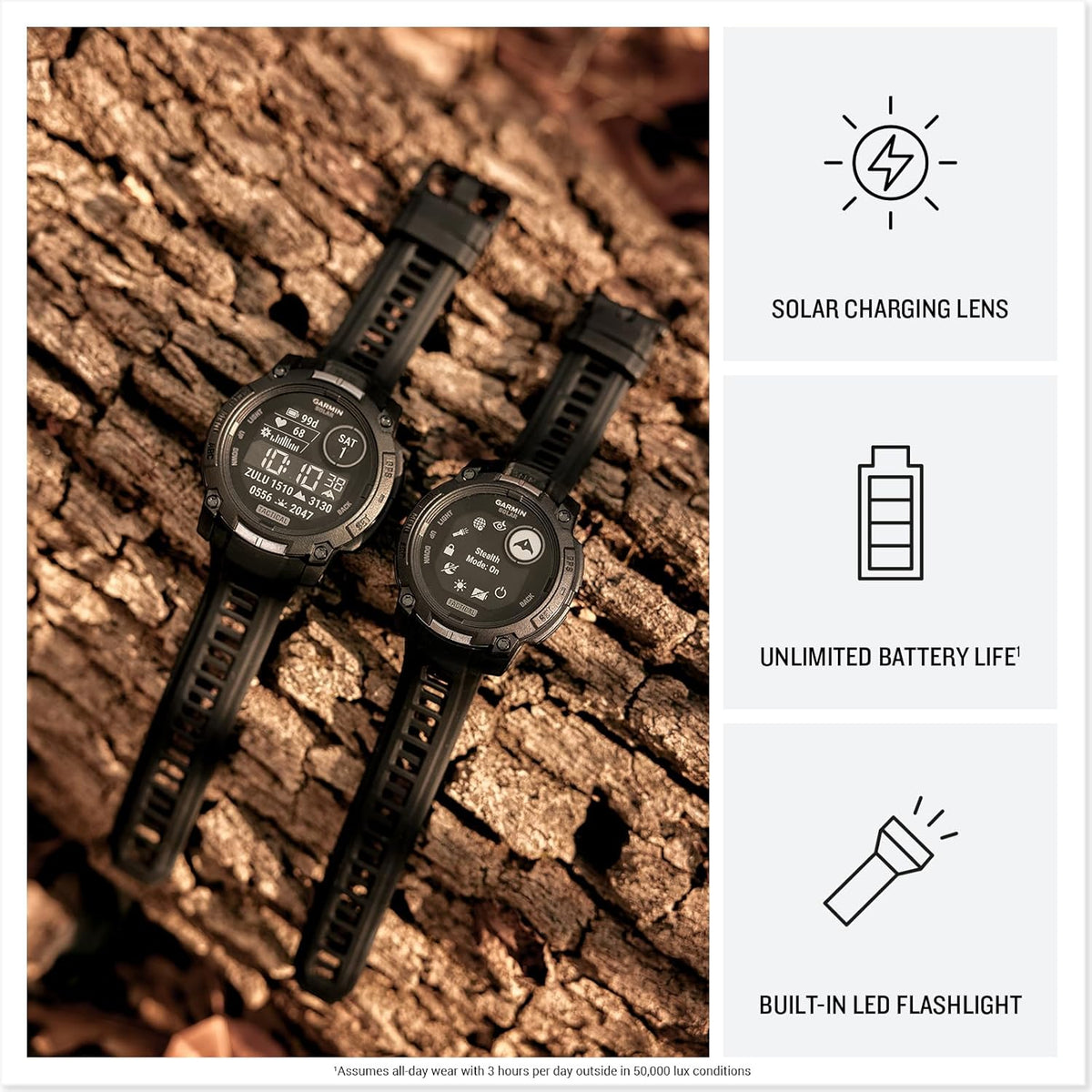 Garmin Instinct 3 Tactical Edition, Solar Charged 50mm Display, Outdoor Rugged GPS Smartwatch Bundle with USB Wall Charger + Microfiber Cleaning Cloth