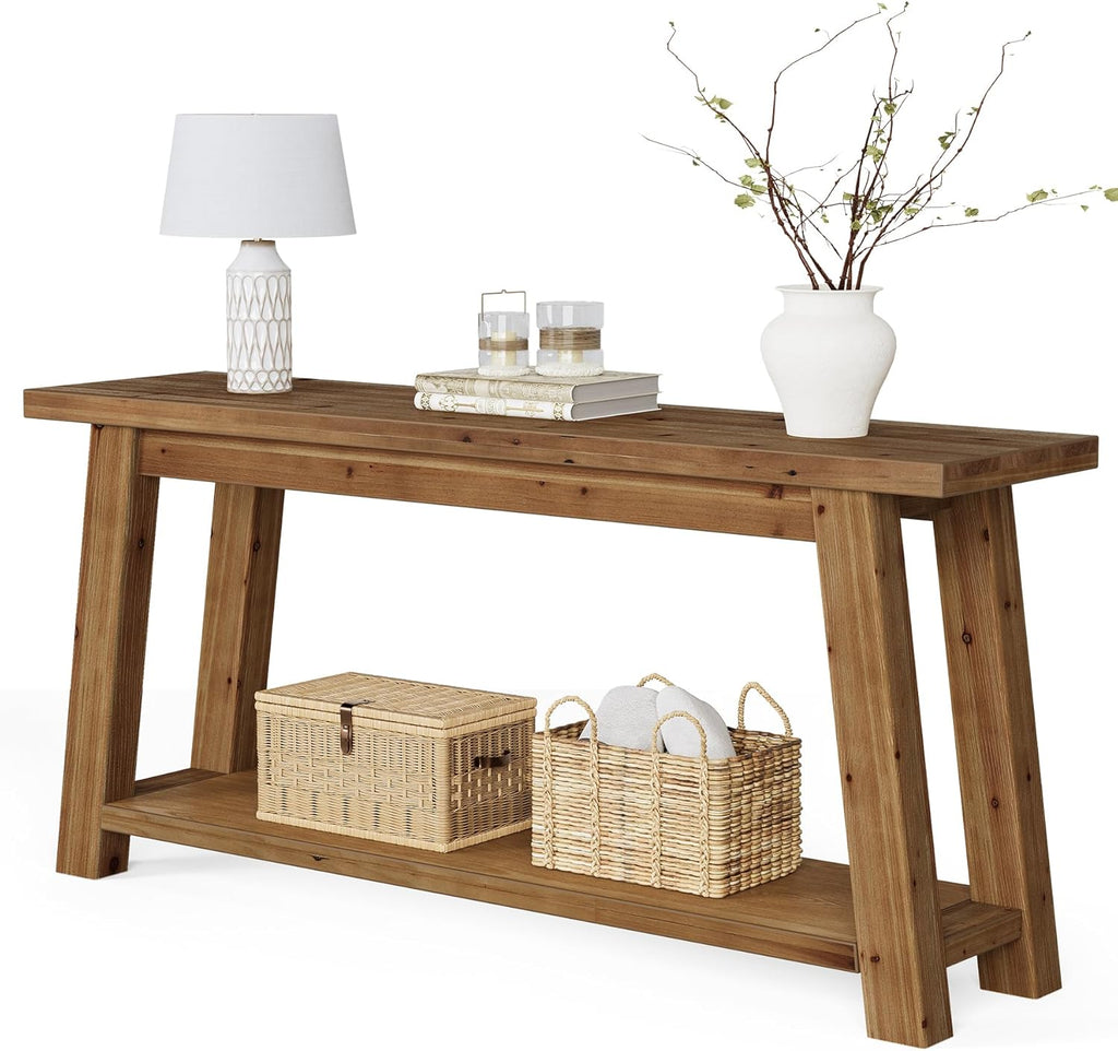LITTLE TREE 70.9" Solid Wood Console Table for Entryway, 2-Tier Sofa Table Behind Couch, Farmhouse Entryway Table for Living Room, Bedroom, Foyer, Brown