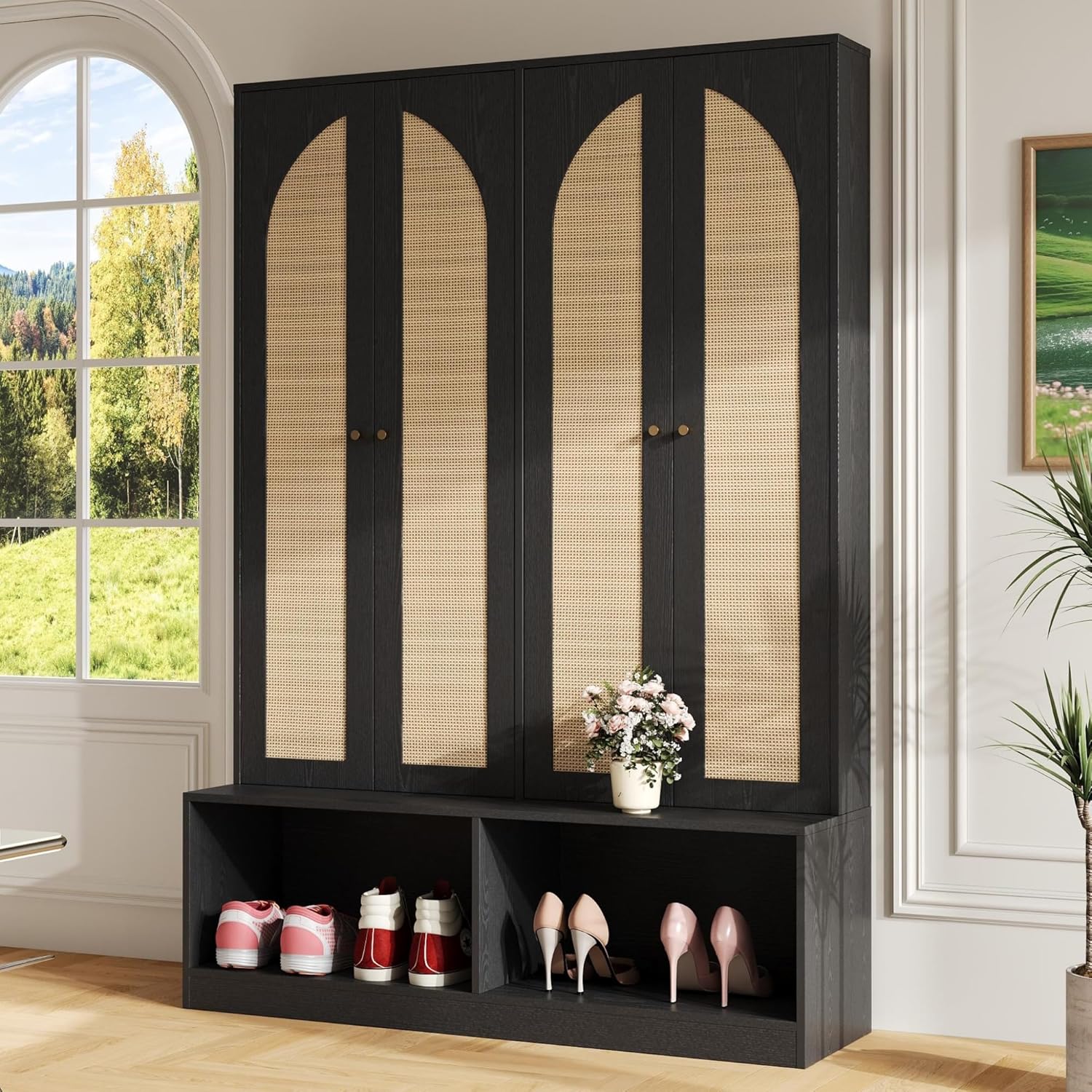Farmhouse Widen Hall Tree with 4 Rattan Doors, Versatile 4-in-1 Coat Hanger with 6 Hooks, Mid-Century Entryway Shoe Cabinet with Adjustable Shelf for Living Room Hallway (Black-W)