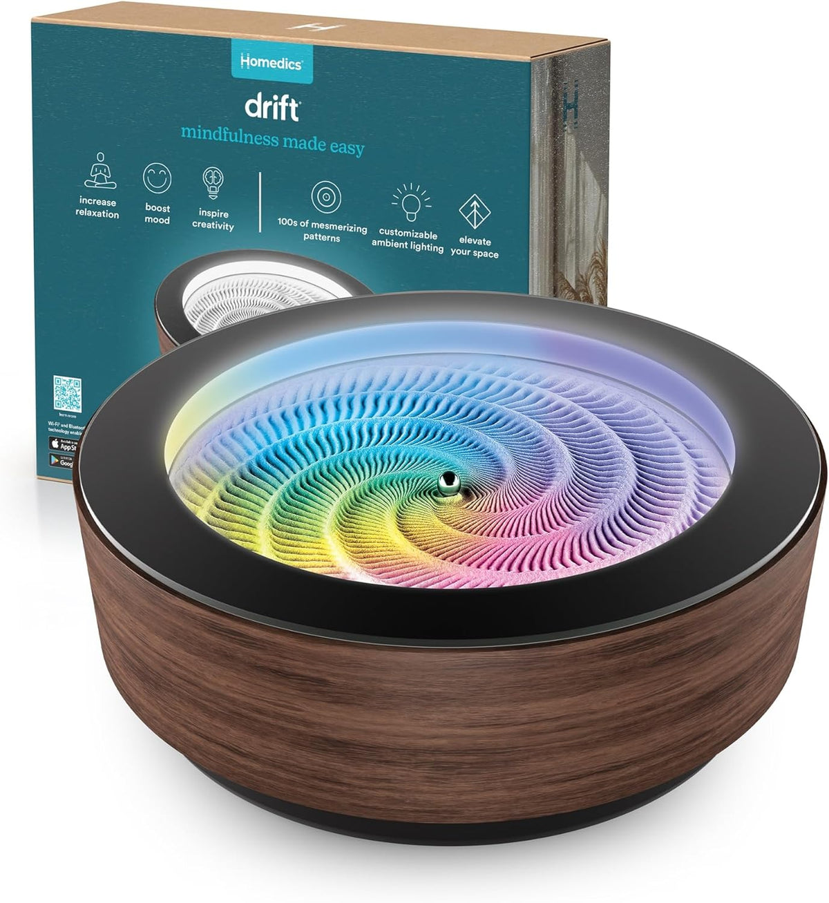 Homedics Drift 10” Wood Sand Table – App Controlled Moving Sand Art for Desk, Automated Sandscape Display with LED Lights, Quiet Metal Sphere, Modern Zen Relaxation Home Office Decor (Black Walnut)