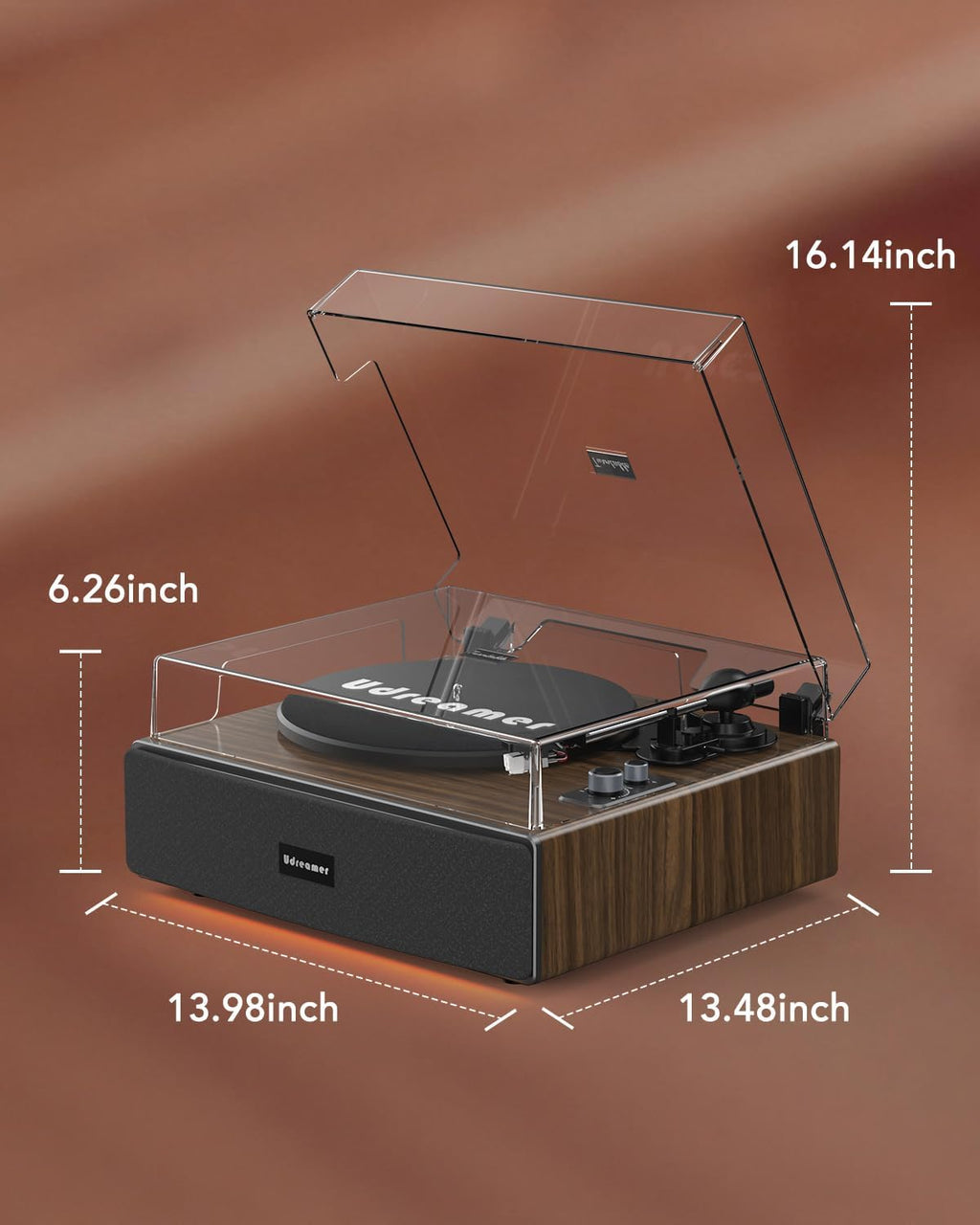 Udreamer Vinyl Record Player with Bluetooth Input, All-in-One Turntable with Built-in Speakers, AT-3600L Cartridge, Belt Drive 33/45 RPM, Auto Stop, Adjustable Lighting