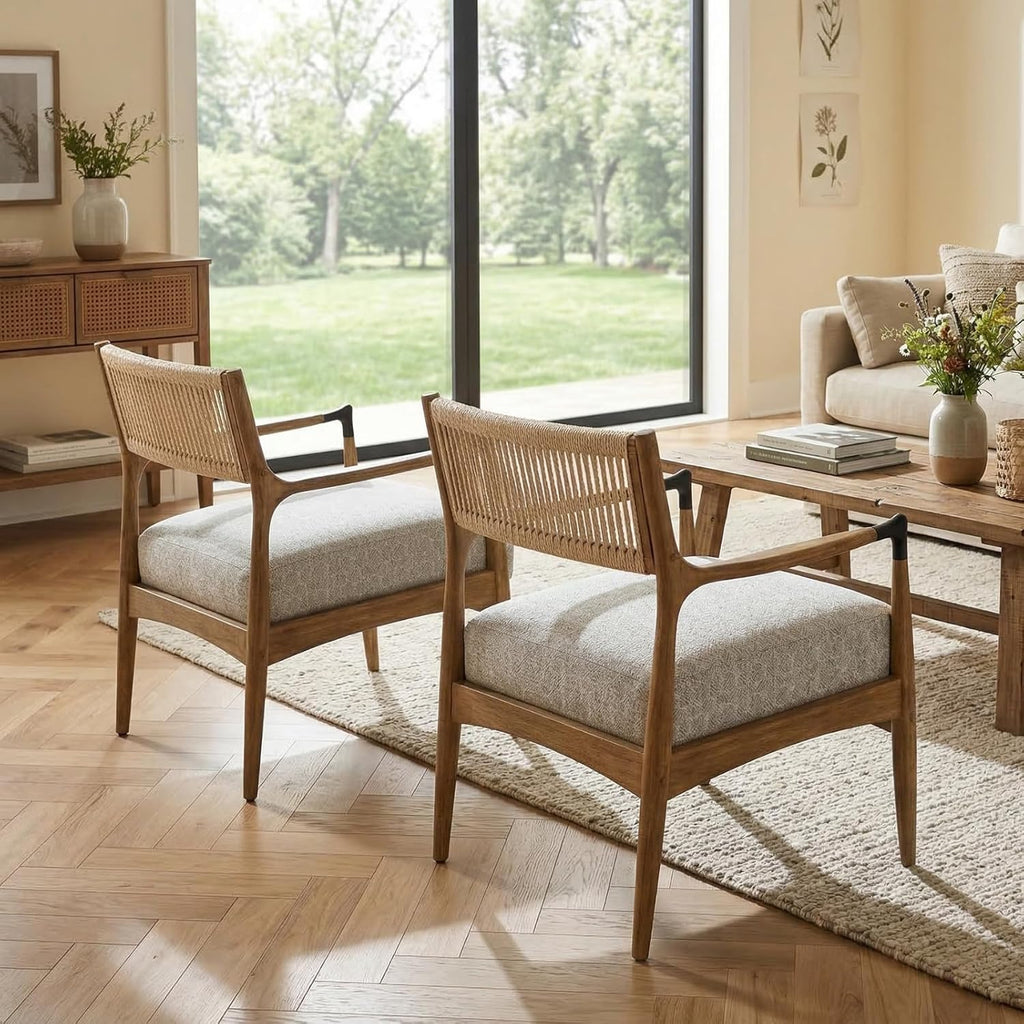 Ya-Home Mid-Century Modern Accent Chairs with Woven Rope Back, Upholstered Linen Fabric Armchairs with Solid Wood Frame for Living Room Bedroom, 2PCS, Patterned