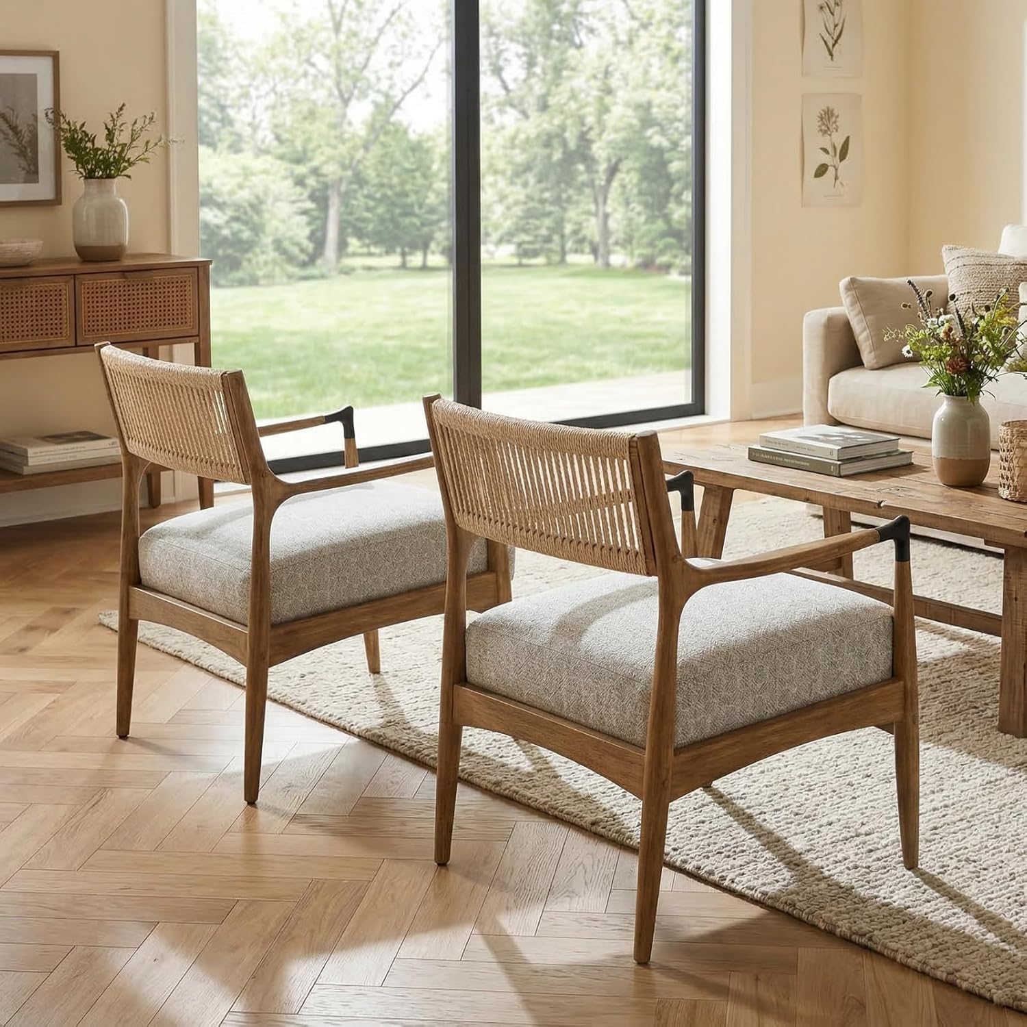 Ya-Home Mid-Century Modern Accent Chairs with Woven Rope Back, Upholstered Linen Fabric Armchairs with Solid Wood Frame for Living Room Bedroom, 2PCS, Patterned