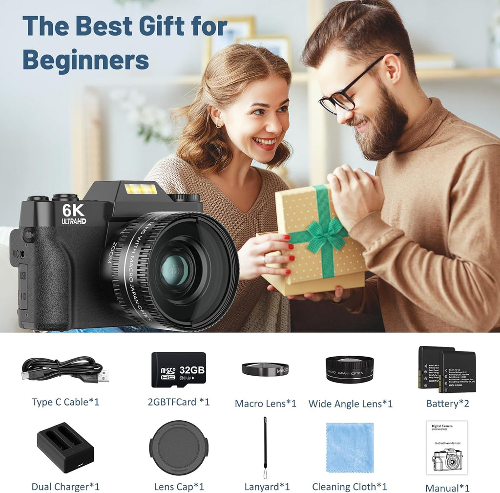 6K Digital Camera for Photography - WiFi 64MP Vlogging Cameras for YouTube with 3" 180° Flip Screen, 16X Digital Zoom Autofocus Vlog Travel Camara with 32GB SD Card, 2 Batteries and Double Charger