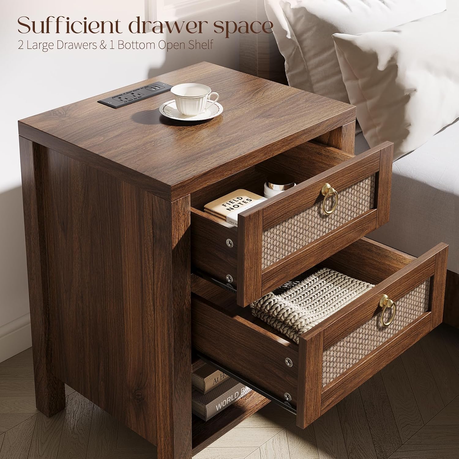 Rattan Night Stand with Drawers - Boho Nightstand with Charging Station, Bedside Table with Storage Shelf, Accent Side Table End Tables Living Room, Wood Nightstands for Bedroom, Walnut