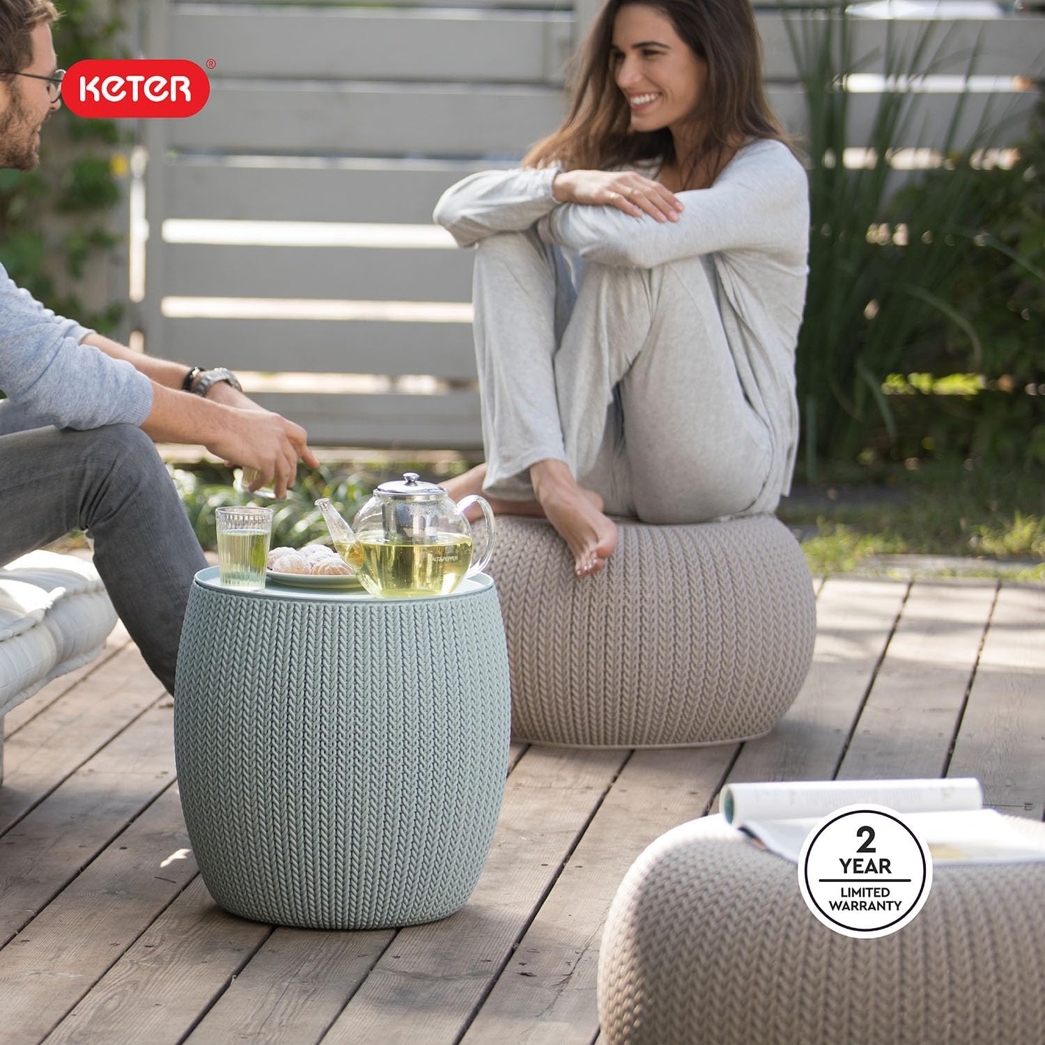 Keter Urban Knit Pouf Ottoman Set of 2 with Storage Table for Patio and Room Décor - Perfect for Balcony, Deck, and Outdoor Seating, Misty Blue & Taupe