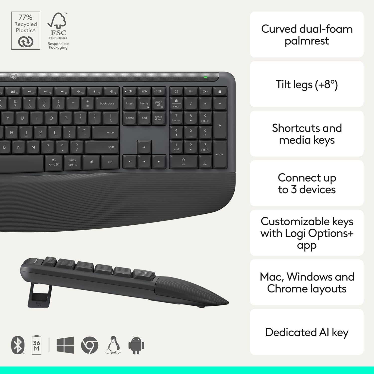 Logitech Signature Comfort Plus Combo MK880 Wireless Keyboard and Mouse Combo, Full-Size Comfort Keyboard with Palm Rest, Silent Clicks, Bluetooth, for Windows and macOS - Graphite