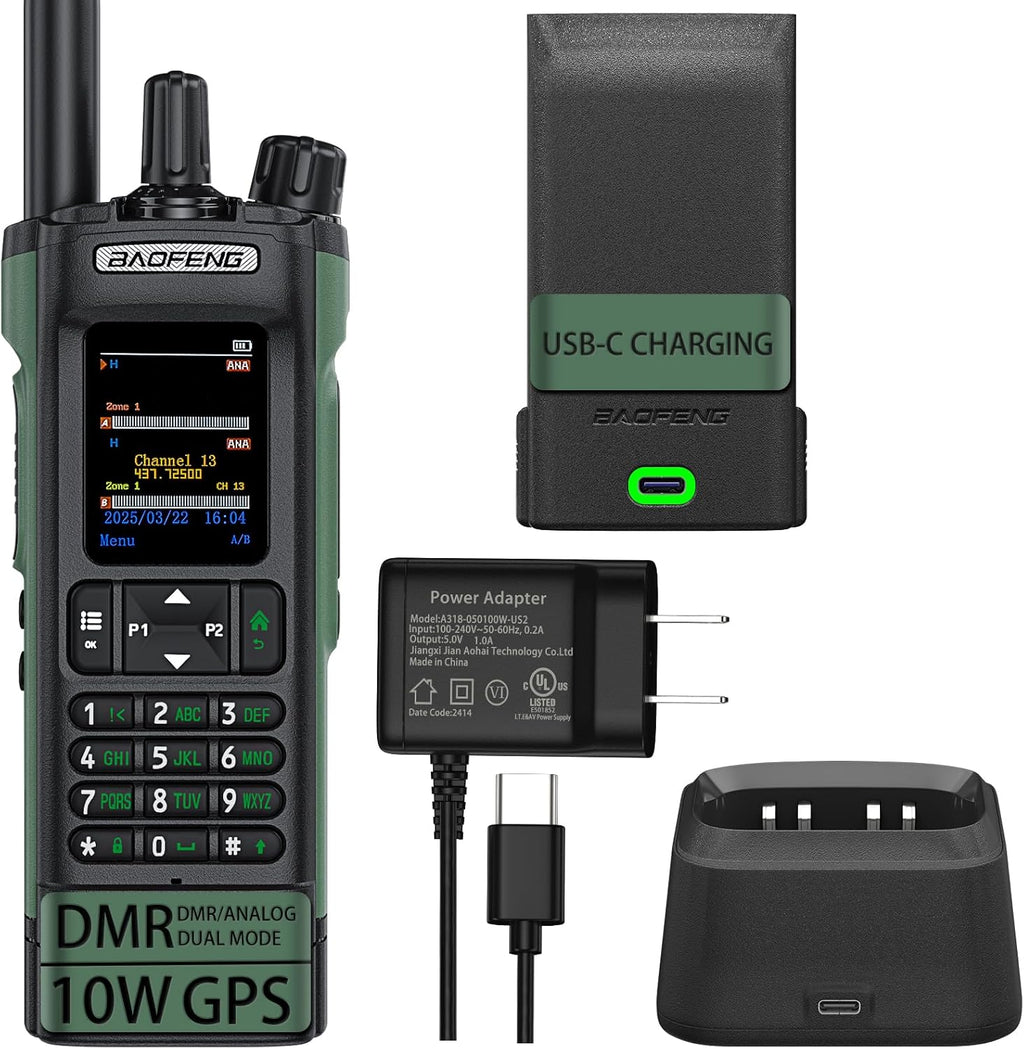 BAOFENG DM32 DMR Handheld Radio with USB-C Charging, GPS, 10W Long Range Walkie Talkie for Emergency Rescue & Outdoor Sports DM-32UV (1 Pack Green)