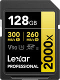 Lexar 128GB Professional 2000x SD Card, UHS-II, C10, U3, V90, Full HD, 8K, Up To 300MB/s Read SDXC Memory Card, for DSLR, Cinema-Quality Video Cameras (LSD2000128G-BNNNU)