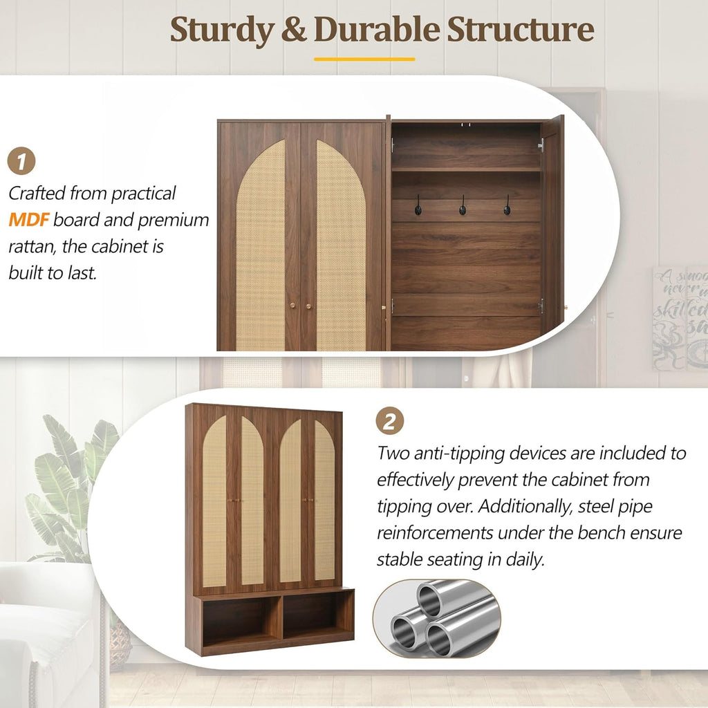 LUMISOL Wide Entryway Hall Tree with Storage Bench and 4 Rattan Doors, 78.7”H Farmhouse Entryway Coat Rack with 6 Hidden Hooks, 4-in-1 Mudroom Organizer with Adjustable Shelf, for Living Room, Walnut