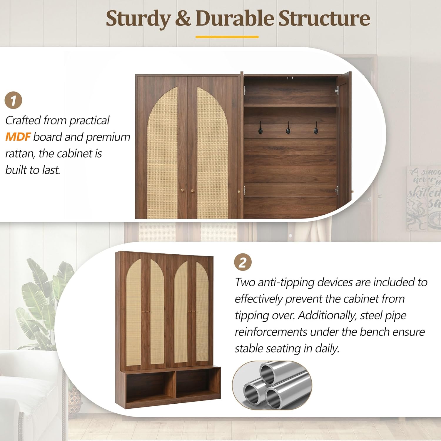 LUMISOL Wide Entryway Hall Tree with Storage Bench and 4 Rattan Doors, 78.7”H Farmhouse Entryway Coat Rack with 6 Hidden Hooks, 4-in-1 Mudroom Organizer with Adjustable Shelf, for Living Room, Walnut