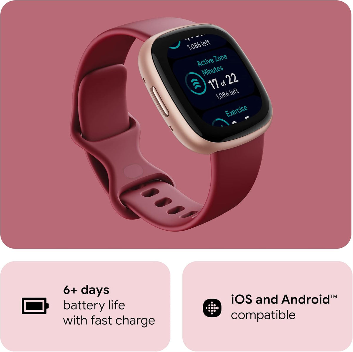 Fitbit Versa 4 Fitness Smartwatch with Daily Readiness, GPS, 24/7 Heart Rate, 40+ Exercise Modes, Sleep Tracking and More, Beet Juice/Copper Rose, One Size (S & L Bands Included)