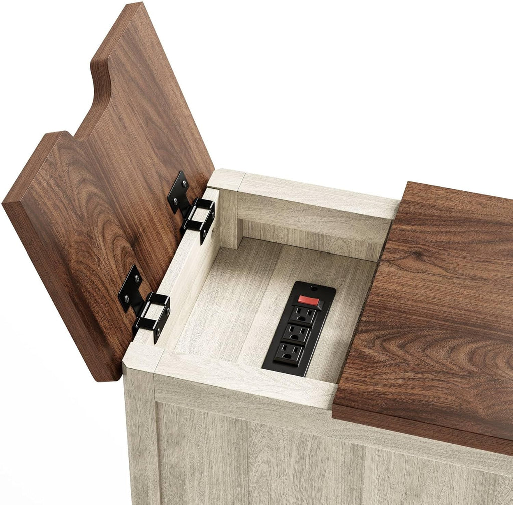 LINSY HOME Farmhouse End Table with Charging Station, Narrow Side Table for Living Room, Sofa Side Table with Drawer and Storage Cabinet, Small Nightstand for Home Office