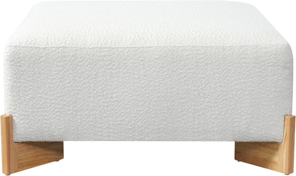 PU Leather Large Square Ottoman with Solid Wooden Legs, 30.5" Faux Leather Coffee Table for Living Room, Ivory