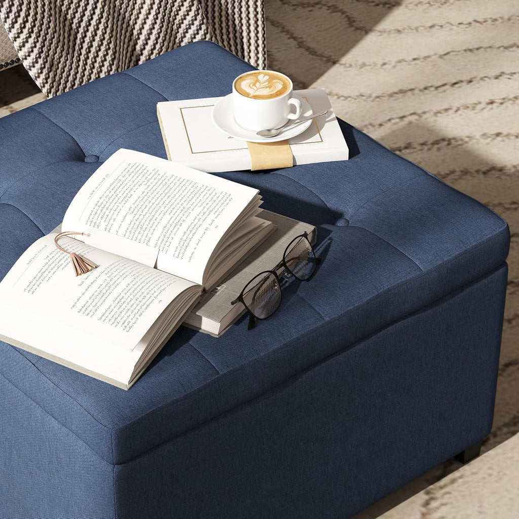 HOMCOM Storage Ottoman Coffee Table with Flip Top Seat Lid, Tufted Upholstered Footstool with Wood Frame for Living Room, Entryway, Bedroom, Blue