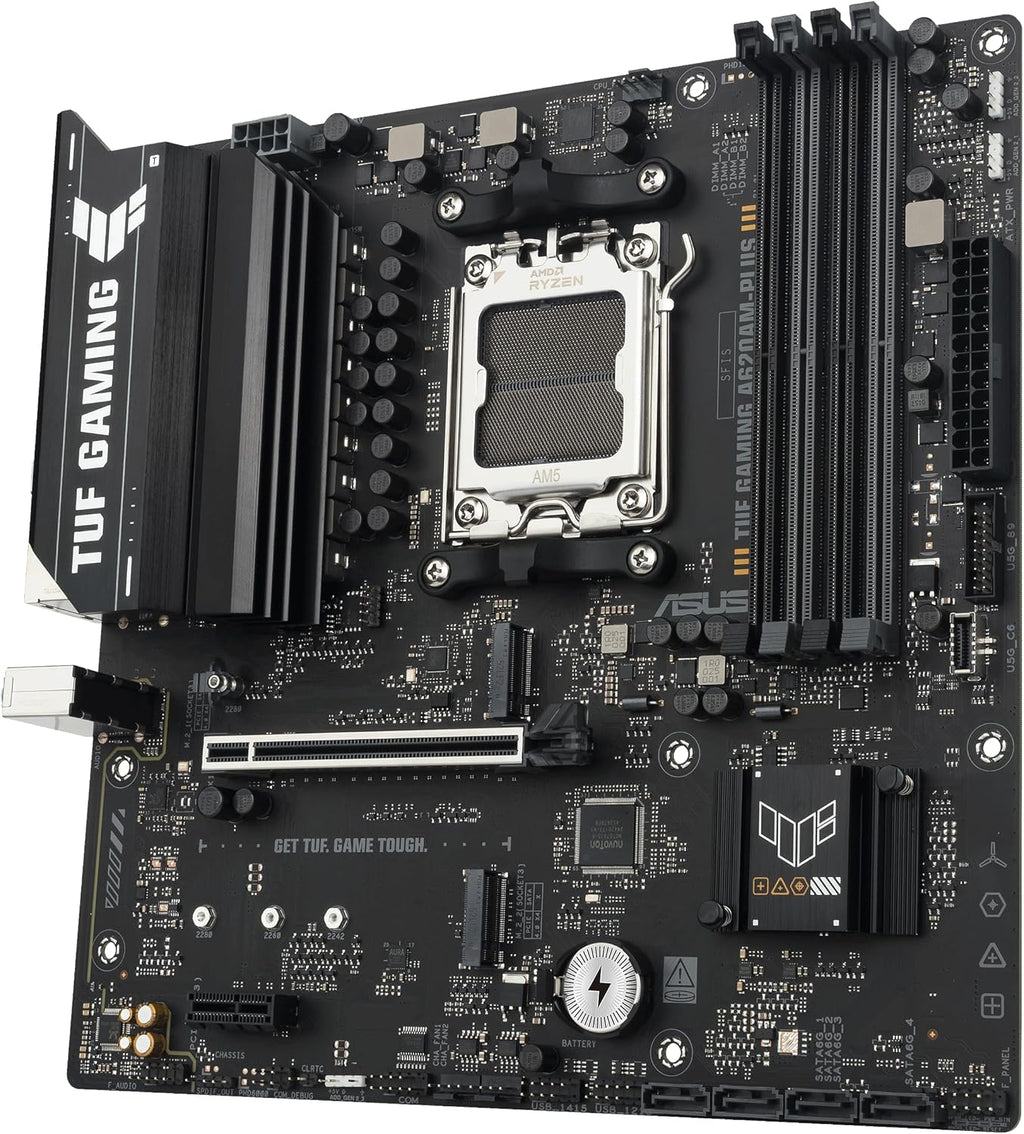 TUF Gaming A620AM-PLUS WiFi AMD A620A mATX Motherboard, 8+2+1 Power Stages, DDR5, PCIe 4.0, Dual M.2 Slots, WiFi 6, 2.5Gb Ethernet, Dual DisplayPort, HDMI, Rear USB-A 10Gbps, Front USB-C 10Gbps