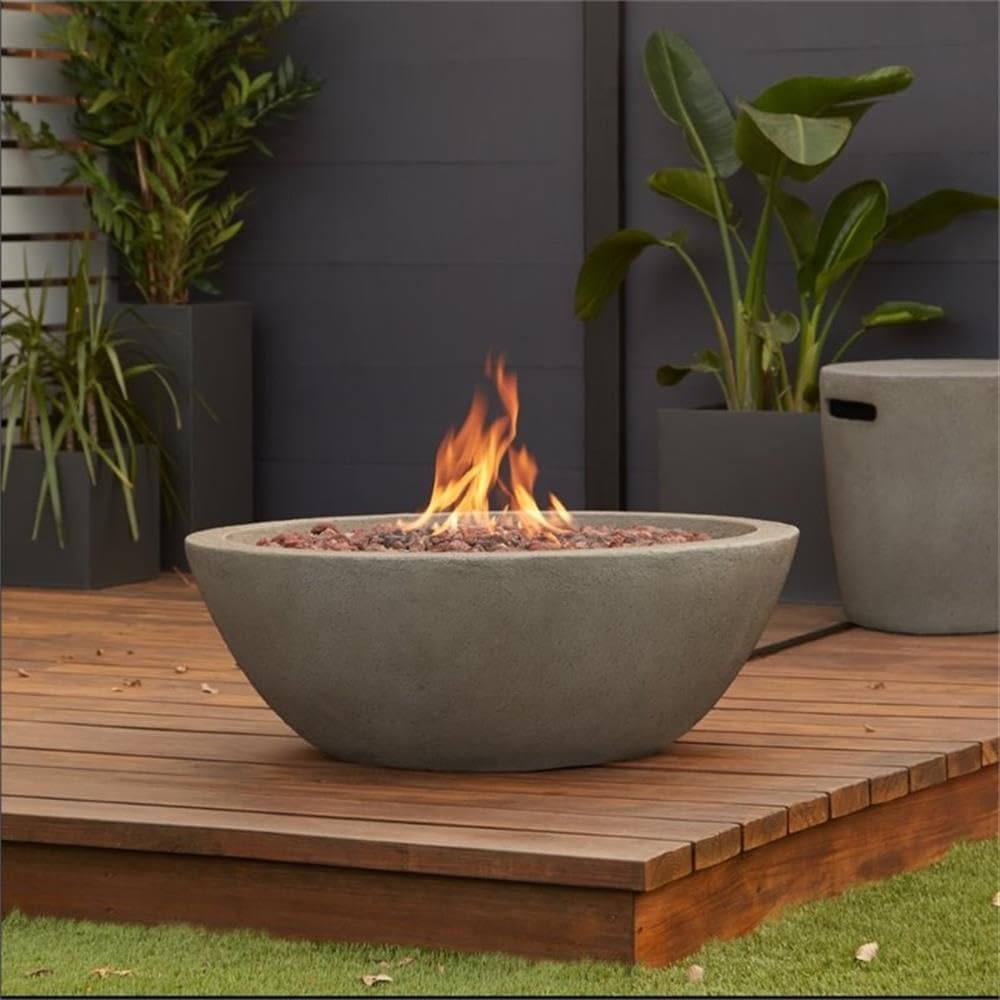 Real Flame Riverside 36" Round Propane or Natural Gas Fire Pit, Stainless Steel Burners, Natural Gas Conversion Kit Included, 50,000 BTU, Push Button Ignition - Glacier Gray