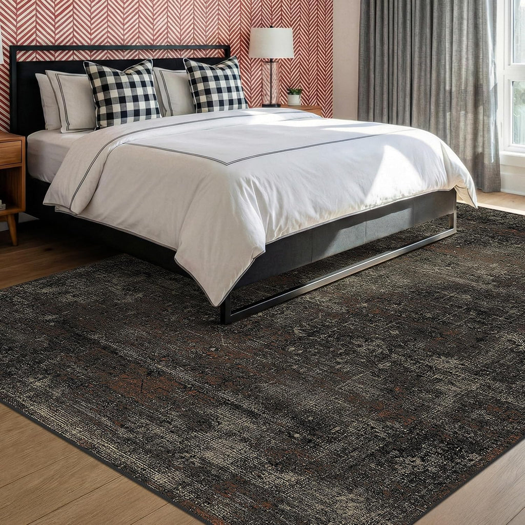 TALANOVA Black Farmhouse Washable 8x10 Area Rugs for Living Room, Dark Charcoal Volcanic Textured Large Rug for Bedroom, Non-Slip Stain Resistant for Dining Room Office Décor
