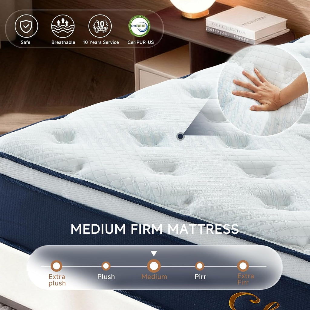 Full Mattress,12 Inch Full Size Mattresses in a Box, Hybrid Pocket Spring Mattress with CertiPUR-US Certified Foam, Fiberglass Free, Cool Sleep Technology 75''L x 54''W