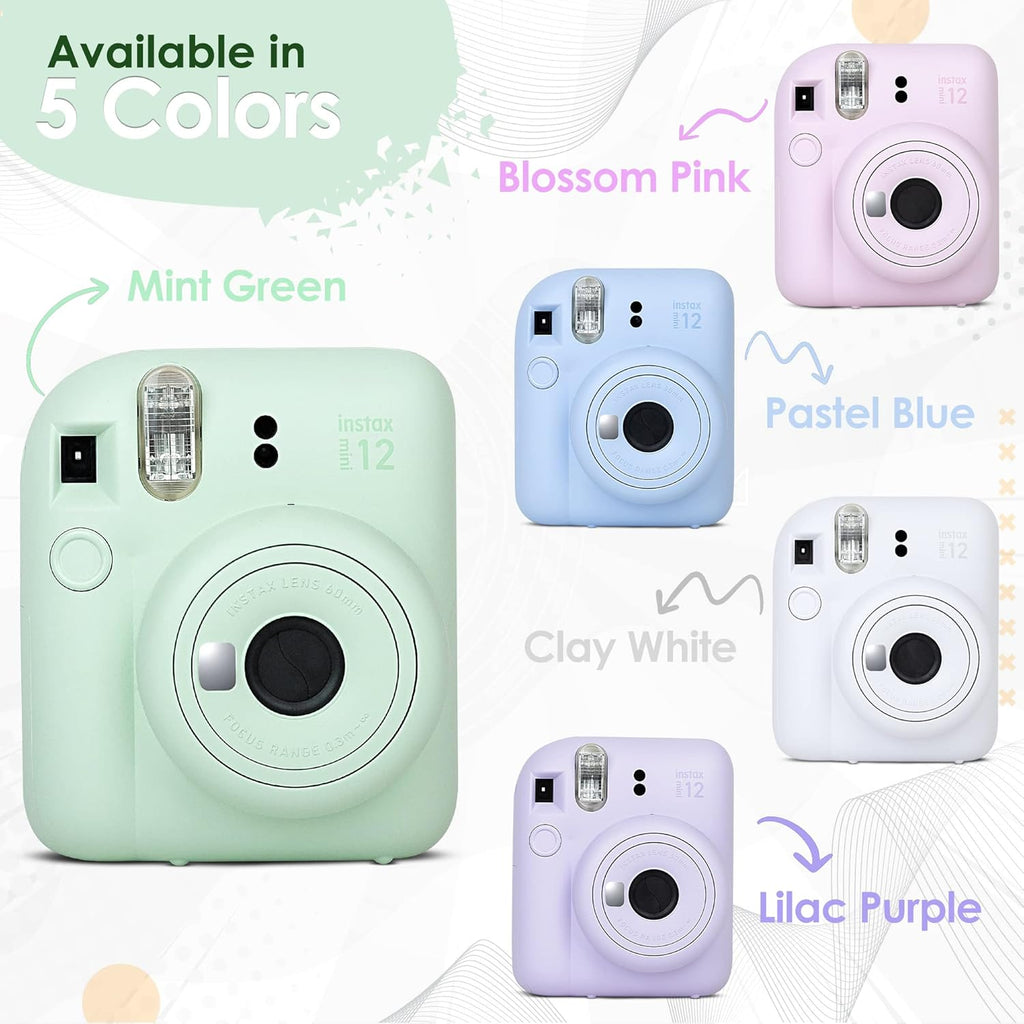 Fujifilm Instax Mini 12 Instant Camera Clay White and Fuji Film Value Pack (60 Sheets) Bundle with Sturdy Tiger Accessories, Carrying Case, Photo Album 64 Pockets