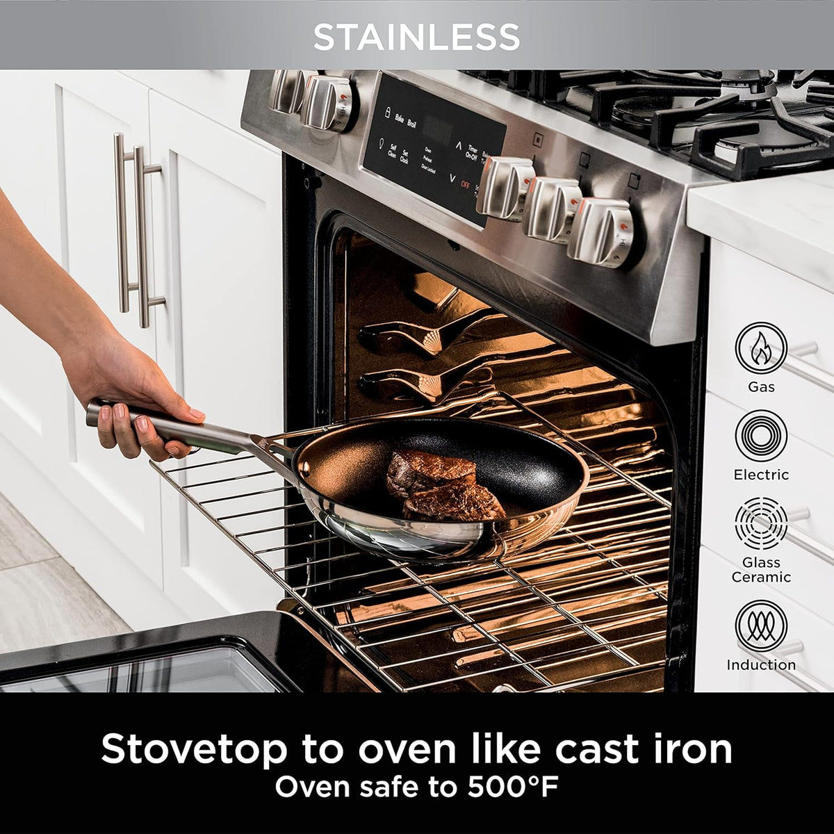Ninja C69500 Foodi NeverStick Stainless 10-Piece Cookware Set with Glass Lids, Polished Stainless-Steel Exterior, Nonstick, Durable & Oven Safe to 500°F, Silver