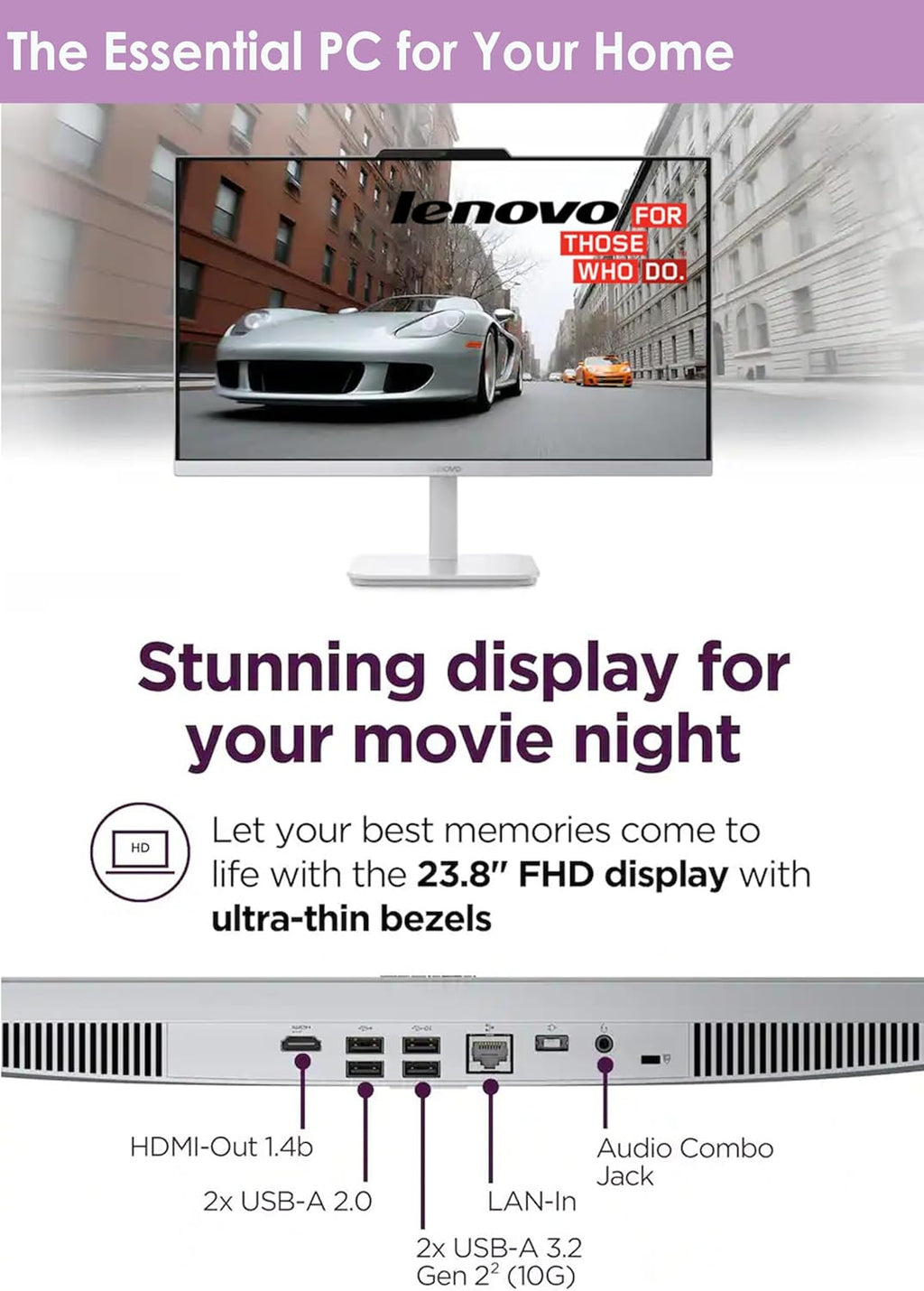 Lenovo 24'' All in One Desktop with Office 365 for The Web, Intel Ultra-Fast 4-Core, Full HD Display, 16GB RAM, 1TB Storage(512GB SSD & 512GB External Drive), Wi-Fi 6, Win 11, Wireless KB & Mouse