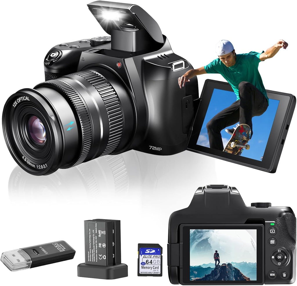 4K Digital Camera for Photography - 12X Optical Zoom 72MP Vlogging Camera for YouTube with 3" 270° Flip Screen, Autofocus Compact Camera with 2 Batteries 64GB SD Card, USB Card Reader & Charging Stand