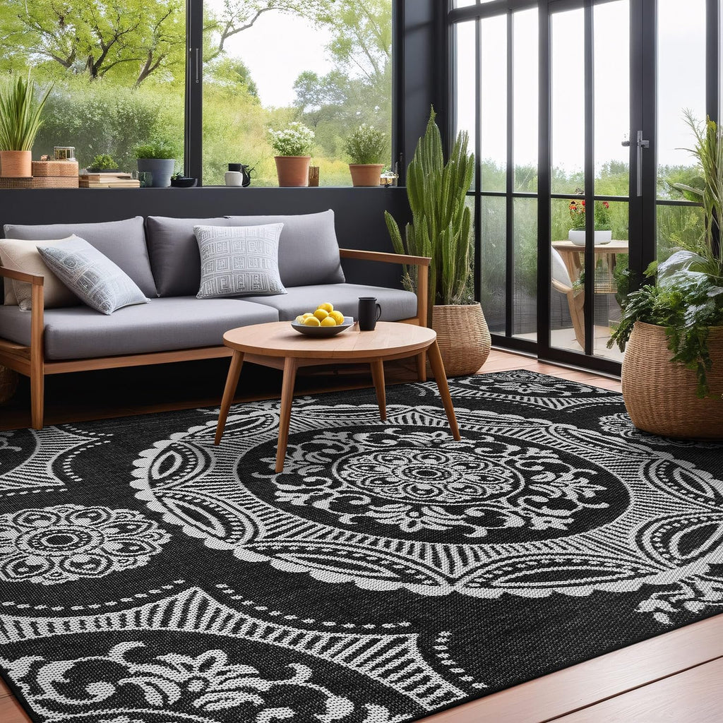 Luul Home Medallion Outdoor Rug 6x9 Washable Outside Carpet for Indoor Patio Porch Waterproof Easy Cleaning Non Shedding Area Rugs Black 6 x 9