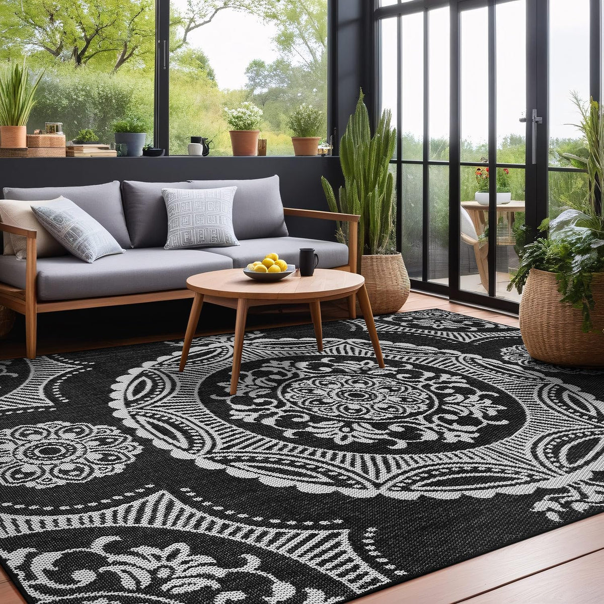 Luul Home Medallion Outdoor Rug 6x9 Washable Outside Carpet for Indoor Patio Porch Waterproof Easy Cleaning Non Shedding Area Rugs Black 6 x 9