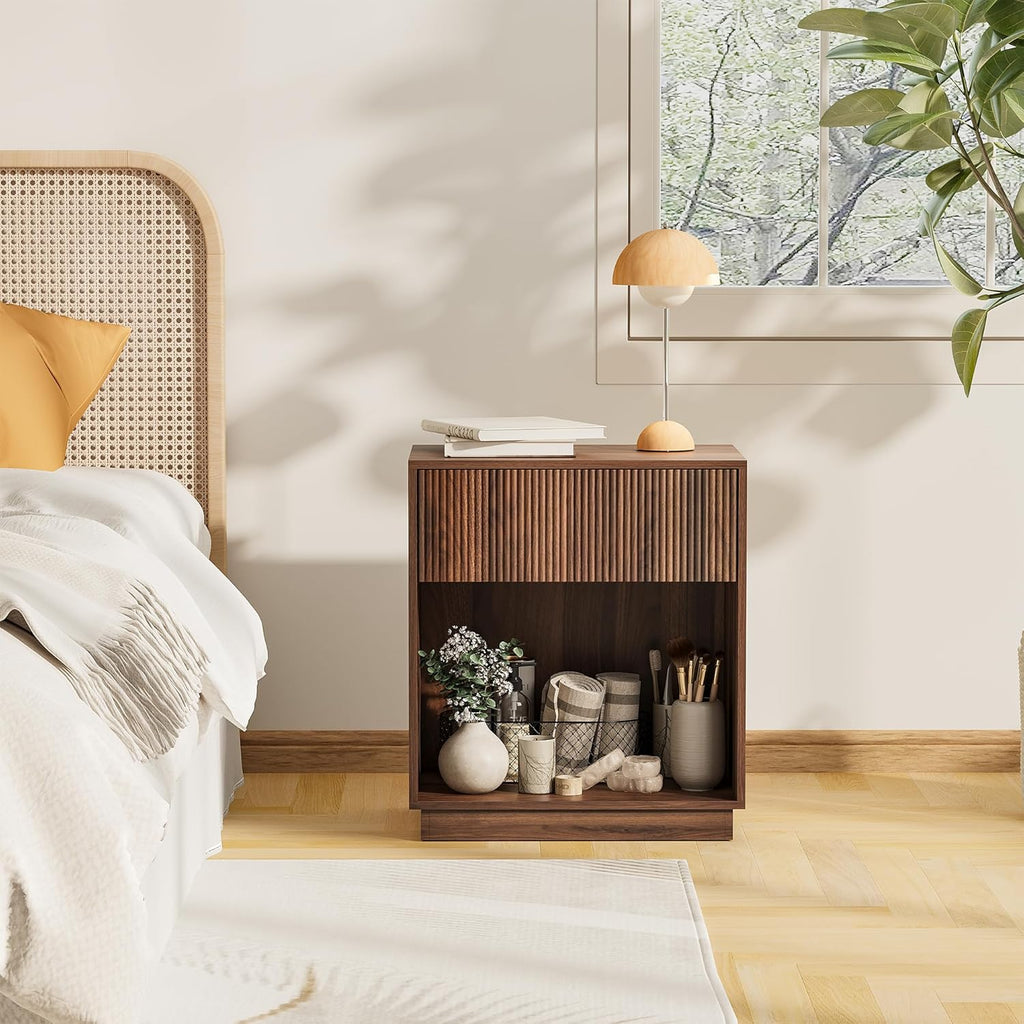 Fluted Nightstands Set of 2, Modern Bedside Table with Storage Drawer and Open Wood Shelf, Wood End Table Mid Century Night Stands for Bedroom Living Room Sofa Couch Office Walnut Brown