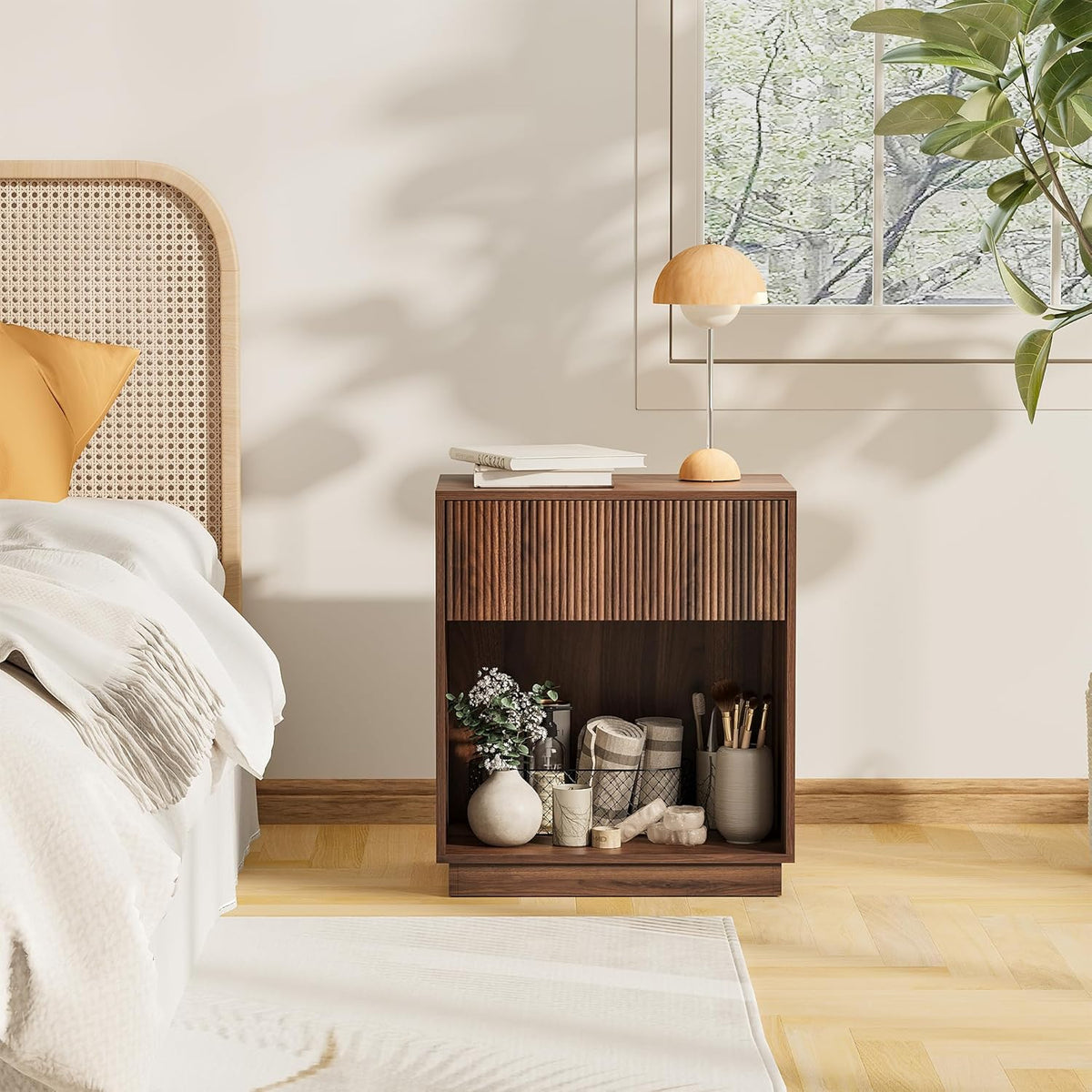 Fluted Nightstands Set of 2, Modern Bedside Table with Storage Drawer and Open Wood Shelf, Wood End Table Mid Century Night Stands for Bedroom Living Room Sofa Couch Office Walnut Brown