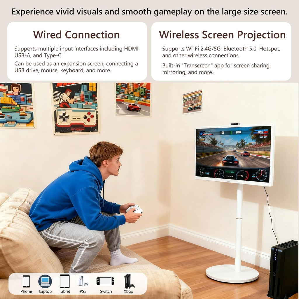 OFD 32" Portable TV on Wheels FHD,Android 15,EDLA-Certified,Rolling TV with 8+128GB ROM,Portable Touch Screen Monitor,Built-in Battery 6-8H Play Time,Voice Remote Control,8MP Webcam,Speaker,Rotatable