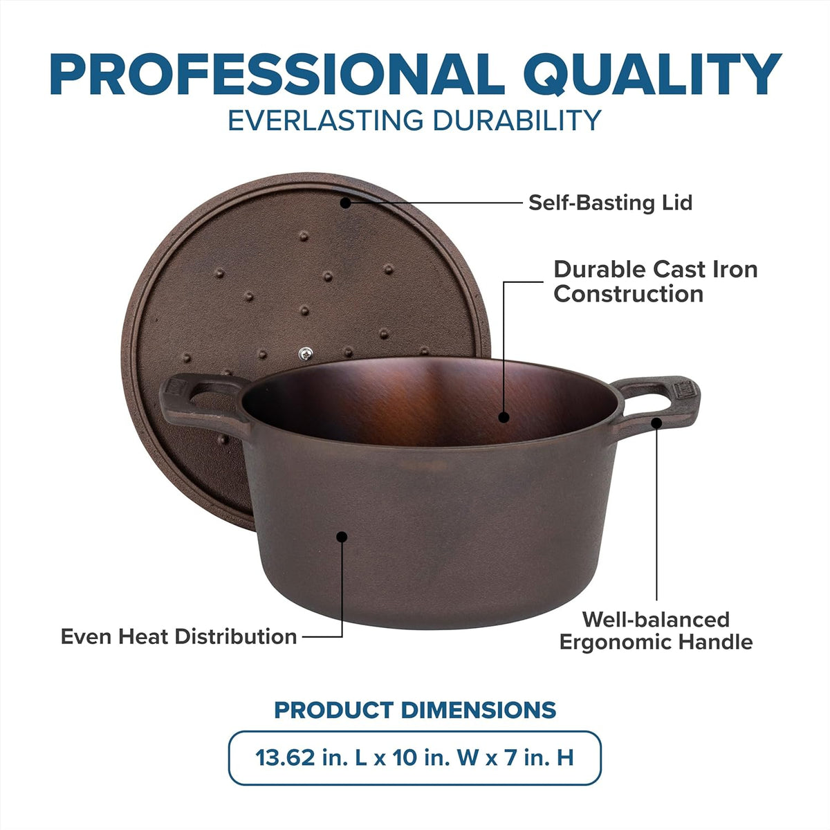 Viking Nonstick 5 Quart Dutch Oven with Self-Basting Lid, Bronze Cast Iron Cookware Pot, Made without PFAS, Induction Compatible, Oven Safe to 500F