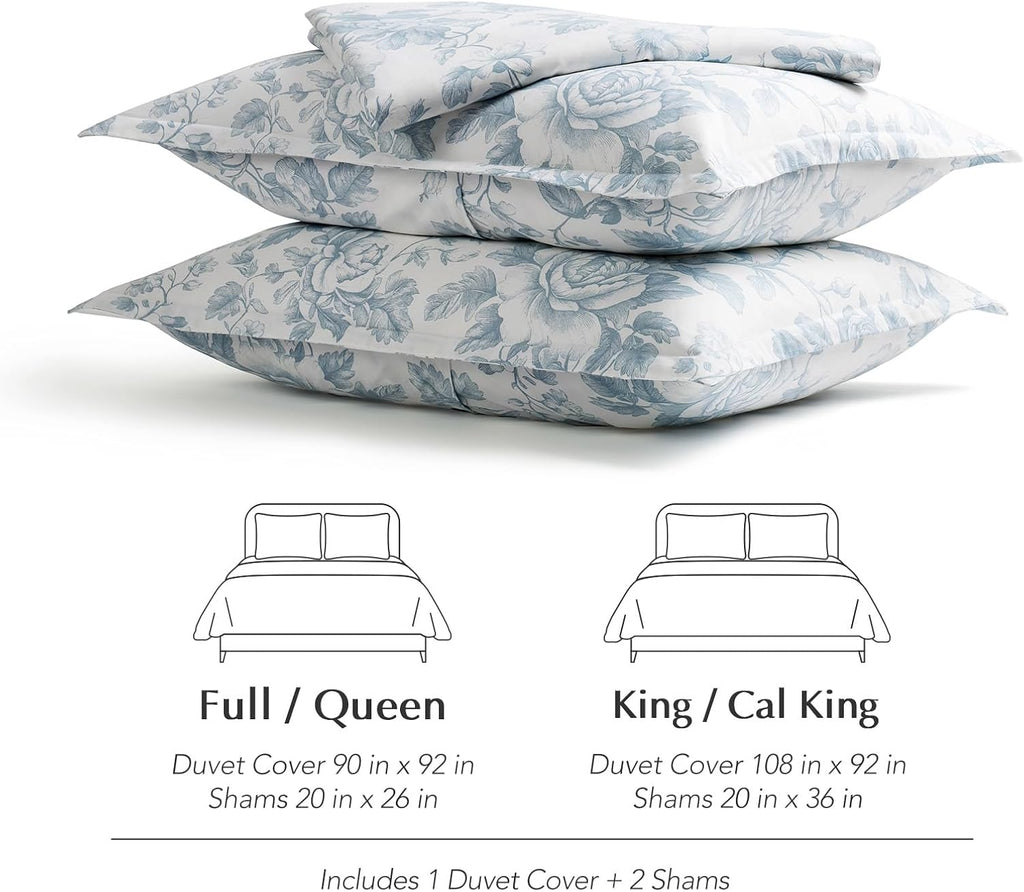 EverGrace 100% Cotton Sateen Duvet Cover Set Queen Size, 3 Piece Floral Toile Bedding Set, Pre-Washed Soft & Breathable, Button Closure with 2 Pillow Shams, Blue Linen, 90"x92"