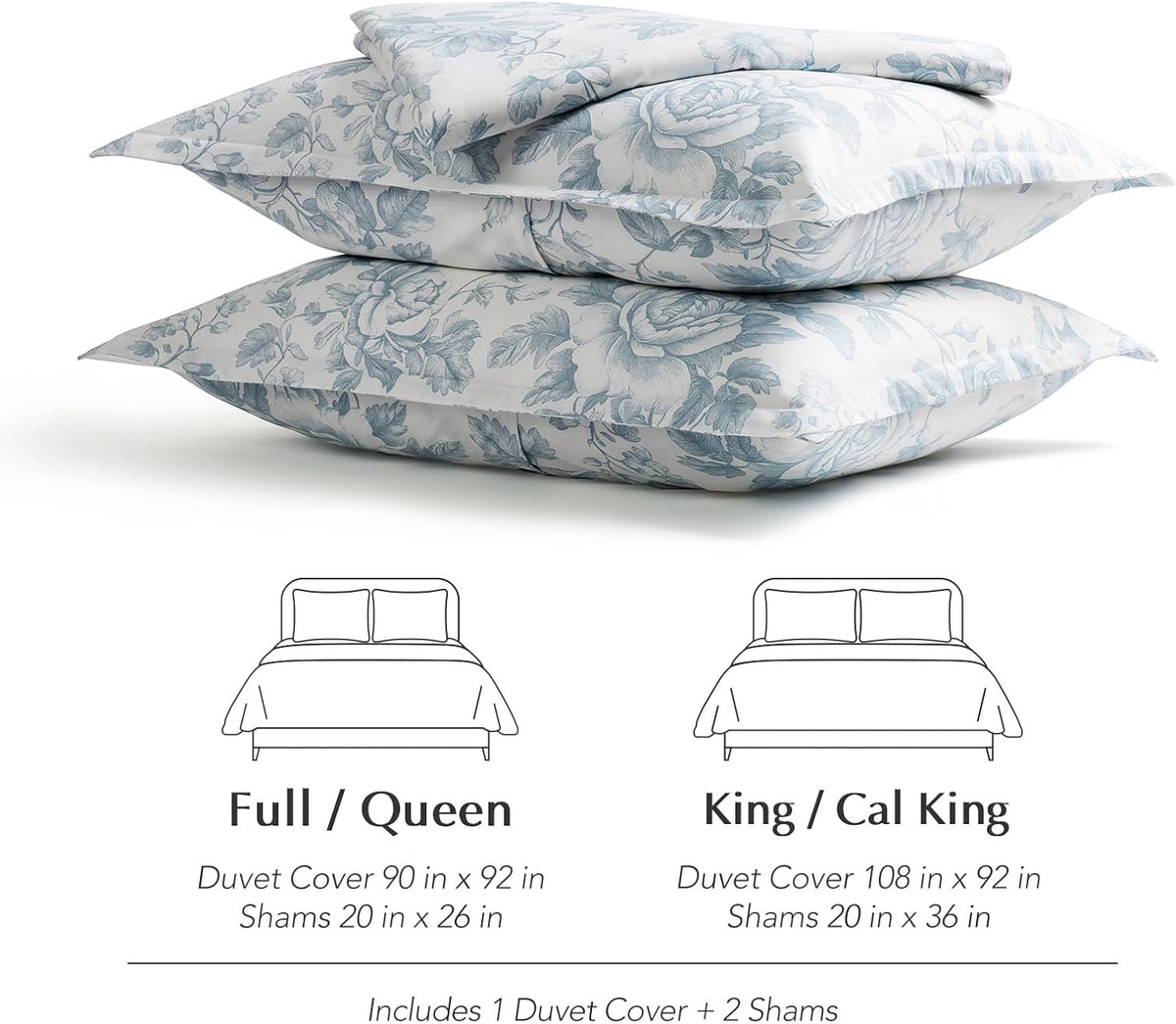 EverGrace 100% Cotton Sateen Duvet Cover Set Queen Size, 3 Piece Floral Toile Bedding Set, Pre-Washed Soft & Breathable, Button Closure with 2 Pillow Shams, Blue Linen, 90"x92"