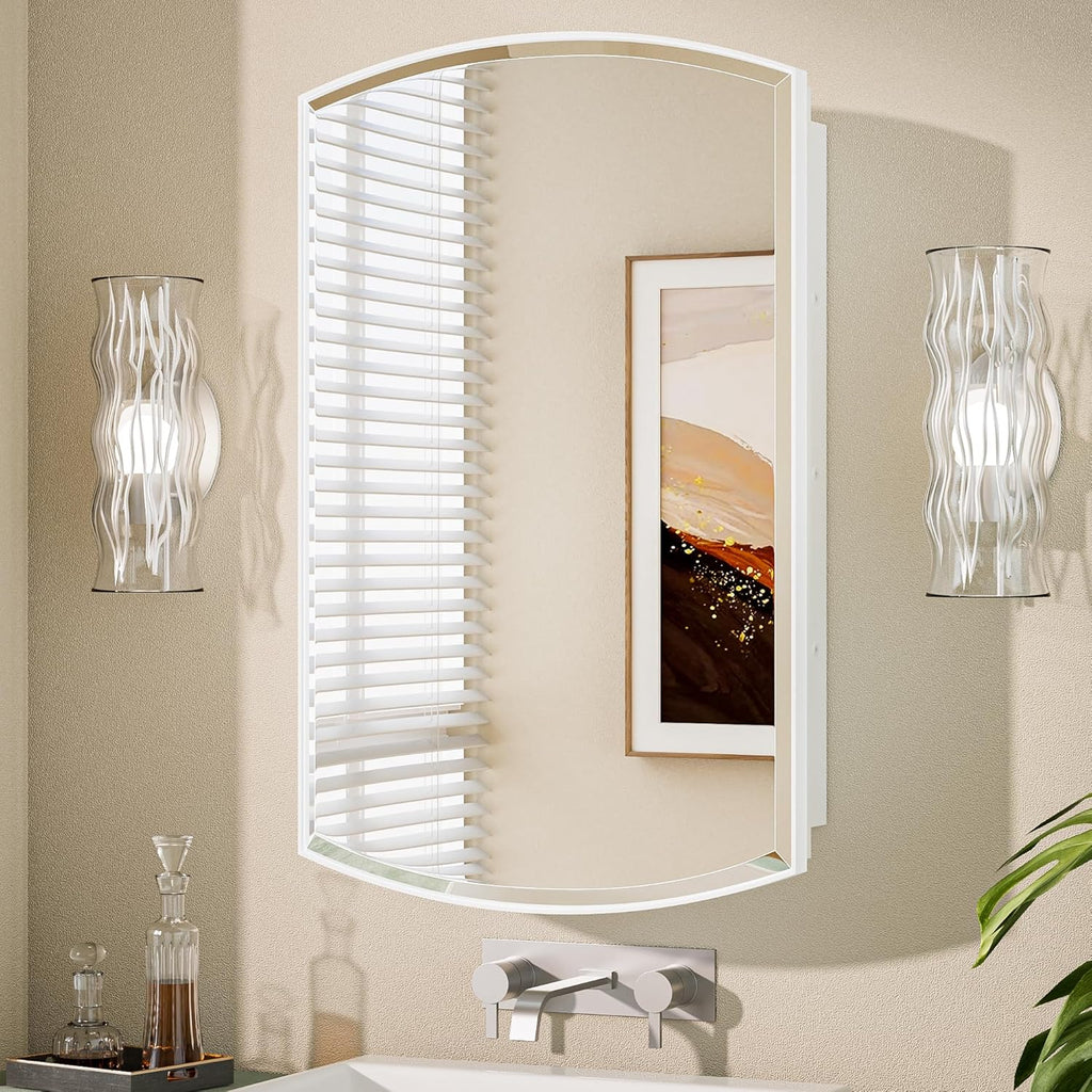 Keonjinn Medicine Cabinet 16 x 26 Inch, Surface Mount or Recessed Cabinets with Mirrors, White Metal Framed Wall Mirror with Storage, 2 Adjustable Shelves, Beveled Edge Frame
