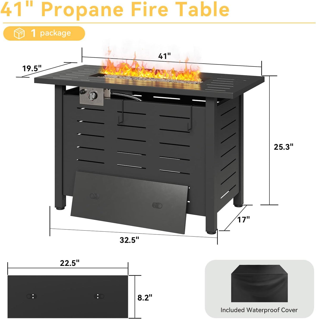 Aoxun 41 Inch Propane Fire Pit–50,000 BTU Gas Fire Pit Table with Removable Lid & Lava Rocks, Rectangle Firepit Table for Outside, Patio, Deck, Backyard, Black