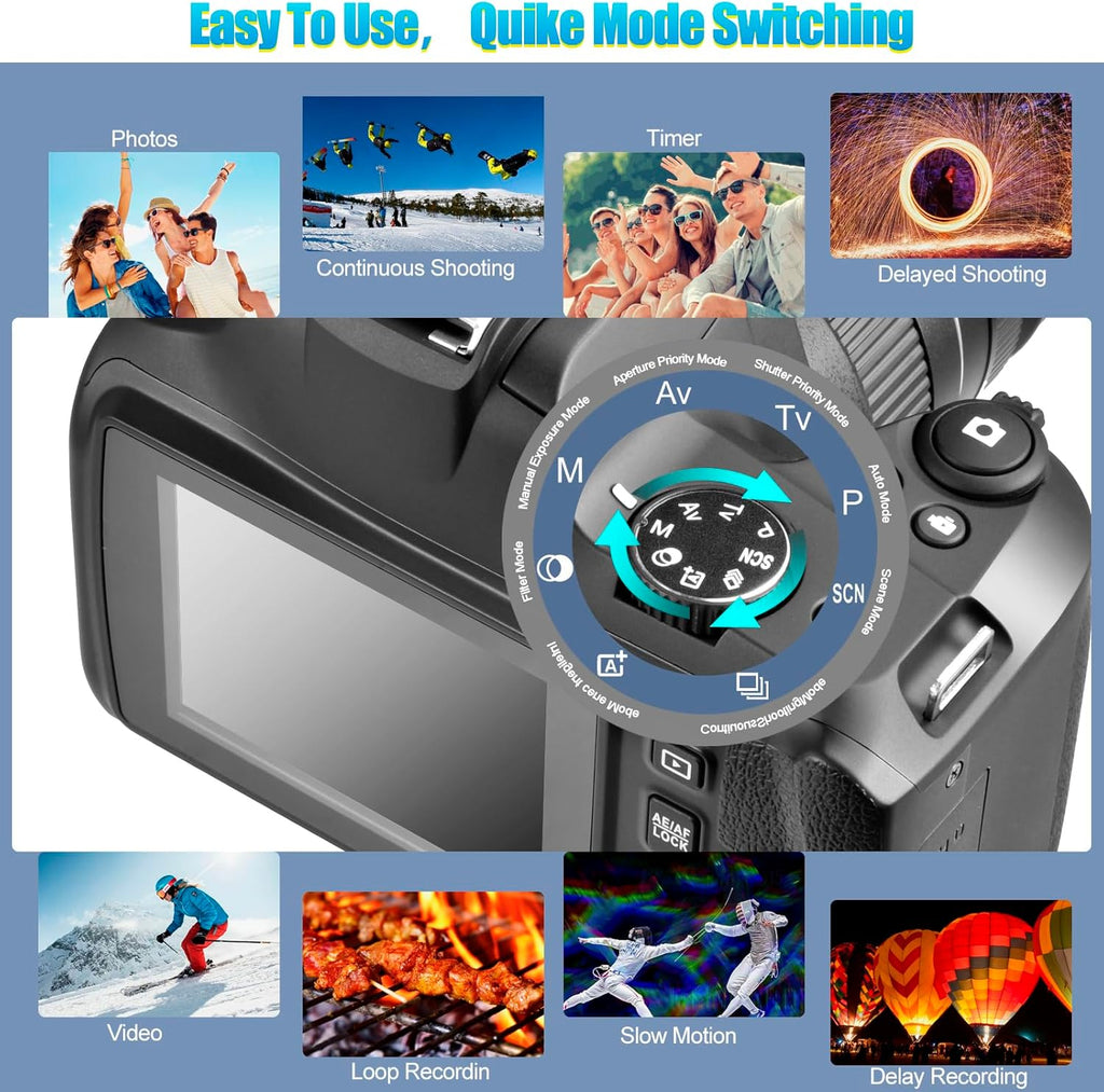4K Digital Camera for Photography with WiFi, 10X Optical Zoom Vlogging Camera for YouTube 64MP Autofocus Compact Camera with 64GB SD Card 2 Batteries, USB Card Reader & Charging Stand Videorecorders