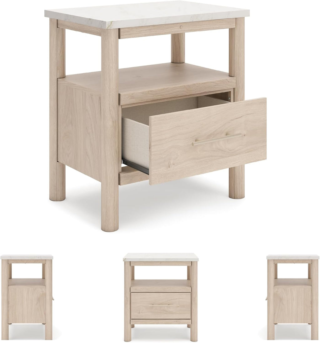 Signature Design by Ashley Cadmori Casual Faux Marble Tabletop 1 Drawer Nightstand with Open Shelf, Ambient Lights, Wireless Charging and USB-C Ports, 26.57" Tall, Light Brown & White