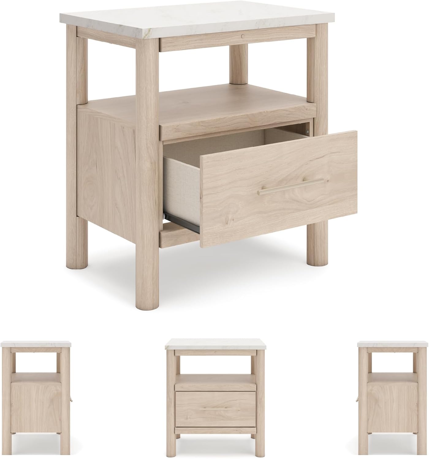 Signature Design by Ashley Cadmori Casual Faux Marble Tabletop 1 Drawer Nightstand with Open Shelf, Ambient Lights, Wireless Charging and USB-C Ports, 26.57" Tall, Light Brown & White