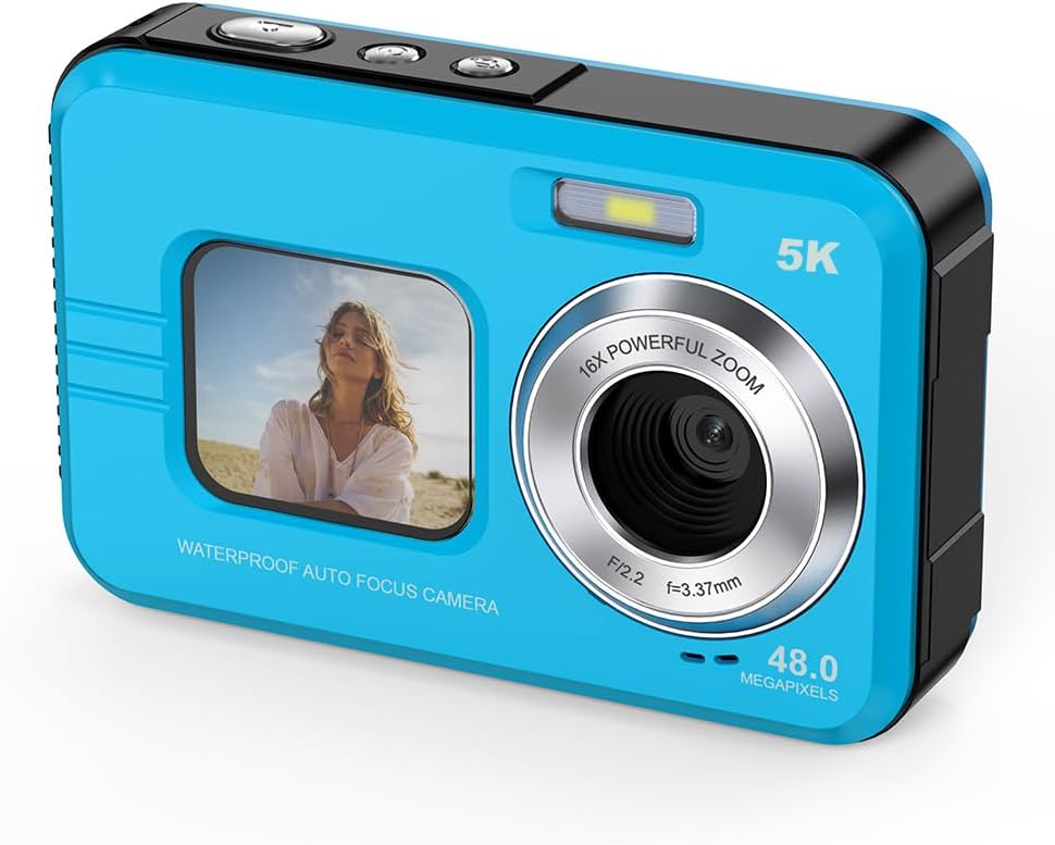 Underwater Camera 48MP for Snorkeling & Kids, Beginner-Friendly Waterproof Digital Camera with Dual Screens, Autofocus, Floating IP68 Design, 16X Zoom for Travel & Beach