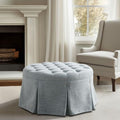 Martha Stewart Cocktail Ottoman for Living Room Fully Upholstered, Button Tufted Round Ottoman Footrest, Pleated Skirt, Extra Seating Bedroom Ottoman Furniture Decor, Terry, 32" W, Light Blue