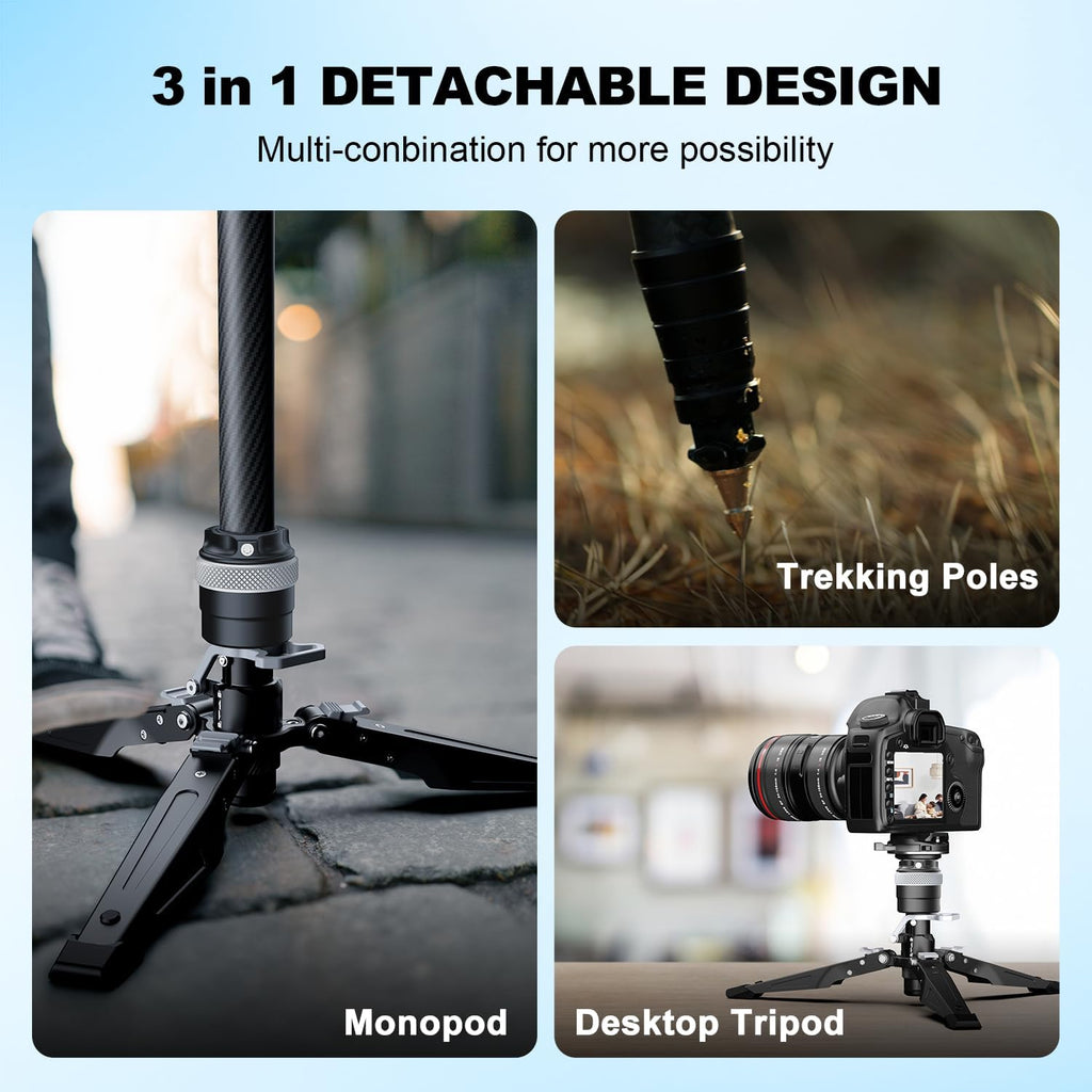 COMAN M1 62.8" Carbon Fiber Monopod for Camera, One-Click Lifting Monopod with feet, Compact for Travel, Max Load 44lbs / 20kg for Camera, DSLR, Camcorder