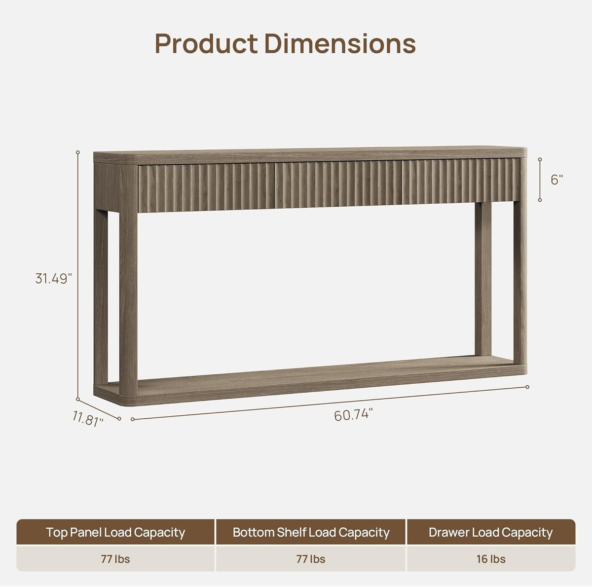 SICOTAS Entryway Table with Storage, 60.74" W Console Table with 3 Fluted Drawers and Shelf, Modern Narrow Long Accent Sofa Table Behind The Couch for Hallway, Entrance, Living Room, Foyer, Grey Alder