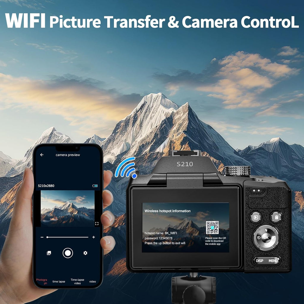 NBD 64MP Digital Cameras for Photography,8K Vlogging Cameras for YouTube,16X Optical Zoom Travel Point and Shoot Digital Cameras Fotograficas with 180°Flip Screen,58mm UV Lens,2 Batteries（Black）