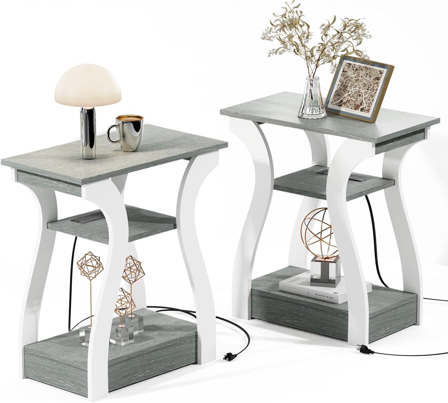 FROMJBEST End Tables Living Room Set of 2,Grey End Table with Charging Station,Grey Side Table, Nightstand for Bedroom, 3 Tier End Table with Storage Shelf for Living Room