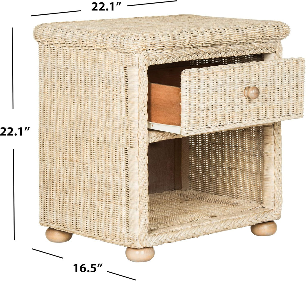 SAFAVIEH Home Collection - Adira Natural White Wash Wicker 1-Drawer Nightstand Accent Table, Coastal Boho Bedroom Storage Furniture with Shelf, 22.1"W x 16.5"D x 22.1"H (SEA8002A)